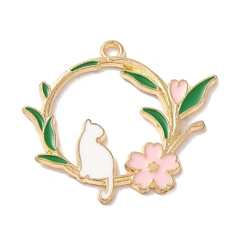 Alloy Enamel Pendants, Golden, Cat with Flower Charm, Misty Rose, 30x33x1.5mm, Hole: 2mm