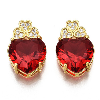 K9 Glass Pendants, with Brass Rhinestone Findings, Faceted, Heart, Matte Gold Color, Red, 18.5x12.5x6.5mm, Hole: 2x2mm