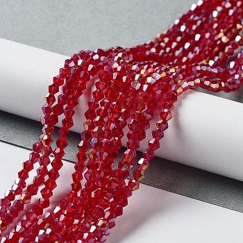 Glass Beads Strands, AB Color Plated, Faceted, Bicone, Dark Red, 3x3~3.5mm, Hole: 0.5mm, about 125~130pcs/strand, 15.5 inch