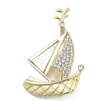 Alloy Rhinestone Brooches, with Shell Beads, Boat, Golden, 44x29mm