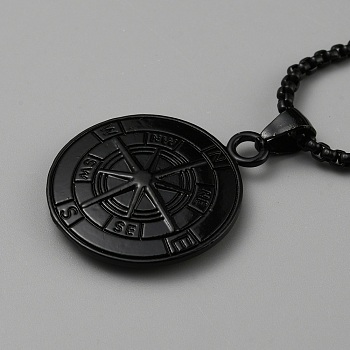 304 Stainless Steel Compass Pendant Necklace, Black, 23.62 inch(60cm)
