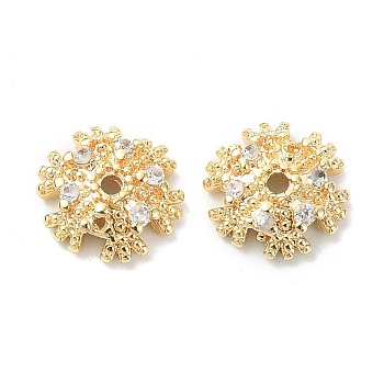 Brass with Clear Cubic Zirconia Beads, Snowflake, Real 18K Gold Plated, 8x7.5x2.5mm, Hole: 1mm
