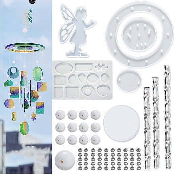DIY Wind Chime Making Kits, including 4Pcs Silicone Molds, 13Pcs Plastic Beads, 1Pc Stainless Steel S Hooks, 1 Roll Crystal Thread, 3Pcs Round Tubes, Angel & Fairy