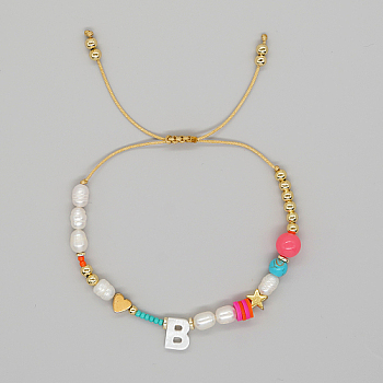 Initial Letter Natural Pearl Braided Bead Bracelet, Adjustable Bracelet, Letter B, 11 inch(28cm)