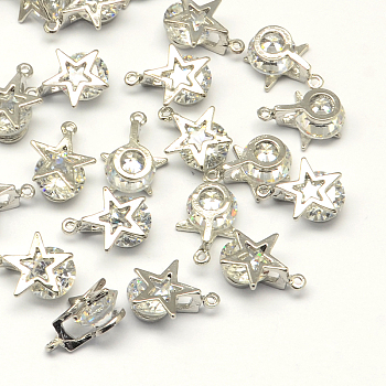 Star Alloy Charms, with Cubic Zirconia, Platinum, 14x10x6mm, Hole: 1mm