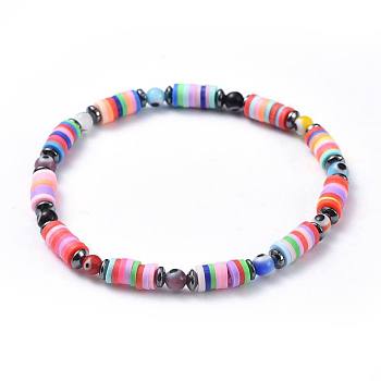 Polymer Clay Heishi Beads Beads Stretch Bracelets, with Round Handmade Evil Eye Lampwork Beads and Non-Magnetic Synthetic Hematite Beads, Mixed Color, 2-1/8 inch(5.5cm), 4.5mm