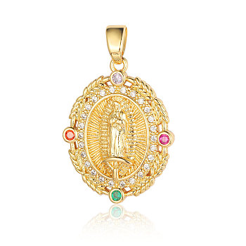 Brass Micro Pave Colorful Cubic Zirconia Pendants, Oval with Virgin Mary Charms, Real 18K Gold Plated, 26x19x2.7mm
