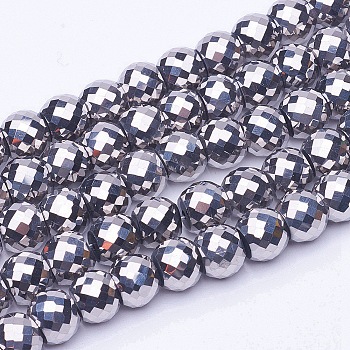 Electroplate Transparent Glass Beads Strands, Faceted, Drum, Silver Plated, 8x6mm, Hole: 1mm, about 40pcs/strand, 9.4 inch