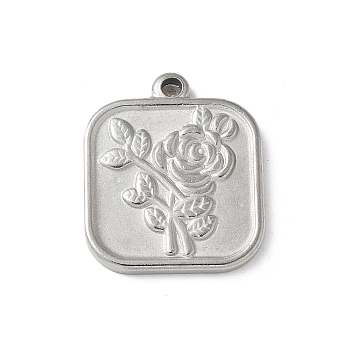 304 Stainless Steel Pendants, Square with Flower, Stainless Steel Color, 21x18x2.5mm, Hole: 1.8mm