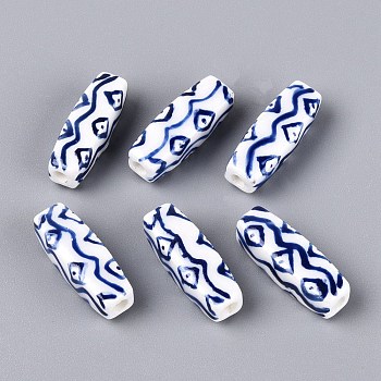 Handmade Porcelain Beads, Blue and White Porcelain, Famille Rose Porcelain, Cuboid with Wavy Geometric Pattern, Royal Blue, 21.5~22.5x7.5~8x7.5~8mm, Hole: 2~2.5mm