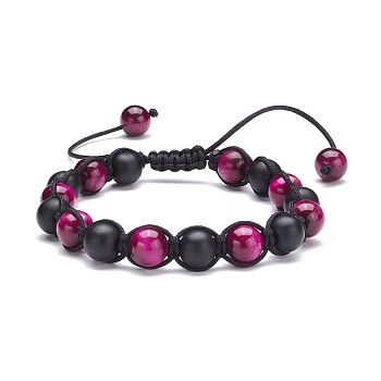 Round Stone Braided Bead Bracelets Set, Natural Tiger Eye & Synthetic Black Stone Beads Stackable Bracelets for Women, Dark Violet, Inner Diameter: 2-1/4~3-1/2 inch(5.6~8.8cm)