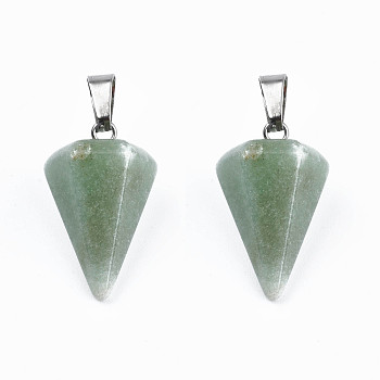 Cone/Spike/Pendulum Natural Green Aventurine Stone Pendants, with Platinum Plated Iron Findings, 25~27x14x14mm, Hole: 6x3mm