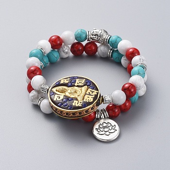 Buddhist Theme Guan Yin & Lotus Stretch Bracelets Sets, Stackable Bracelets, with Brass Handmade Indonesia Beads, Natural Howlite, Synthetic Turquoise Round Beads and Tibetan Style Alloy Beads & Pendants, 2-1/8 inch(5.5cm), 2pcs/set