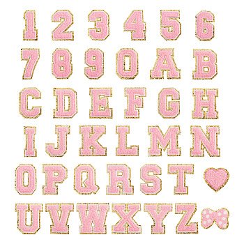Fashewelry 38Pcs 38 Style Cloth Iron on/Sew on Patches, Costume Accessories, with Adhesive Back, Appliques, for Backpacks, Heart & Letter & Bowknot & Number, Pink, 79~83x33~85x3mm, 1pc/style