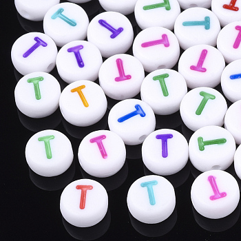 Initial Acrylic Beads, Horizontal Hole, Flat Round, Mixed Color, Letter.T, 7x3.5~4mm, Hole: 1.2mm, about 370pcs/50g