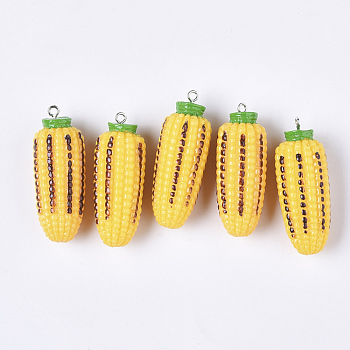 Resin Pendants, with Platinum Tone Iron Loops, Corn, Gold, 45~47x17.5mm, Hole: 2mm