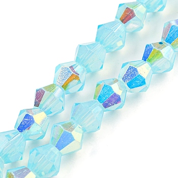 Baking Painted Transparent Glass Beads Strands, Half Electroplate, AB Color Plated, Faceted, Bicone, Cyan, 6x5.5mm, Hole: 1mm, about 47pcs/strand, 10.24''(26cm)