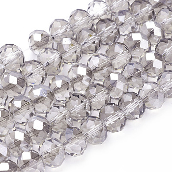 Electroplate Glass Beads Strands, Half Pearl Luster Plated, Faceted, Rondelle, Light Grey, 10x7mm, Hole: 1mm, about 70~72pcs/strand, 19.8 inch