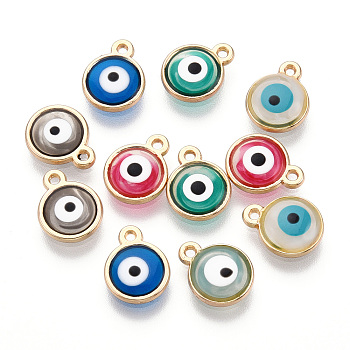 Epoxy Resin Enamel Evil Eye Charms, with Rack Plating Light Gold Tone Alloy Open Back Bezel, Cadmium Free & Nickel Free & Lead Free, Mixed Color, 12.5x10x1.5~2.5mm, Hole: 1.2mm