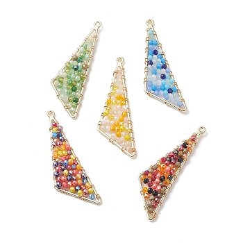Electroplate Glass Beads Pendants, with Light Gold Alloy Findings, Triangle Charms, Mixed Color, 57x18x3.5mm, Hole: 1.2mm