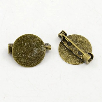 Brass Brooch Cabochon Settings, Flat Round, Antique Bronze, Tray: 15mm, 15x19mm