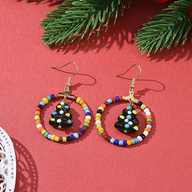 Glass Seed Beaded Ring with Lampwork Christmas Tree Dangle Earrings(EJEW-TA00231)-2