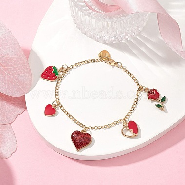 Rose & Heart & Strawberry Alloy Enamel Charm Bracelet with 304 Stainless Steel Chains for Valentine's Day(BJEW-JB09545)-4
