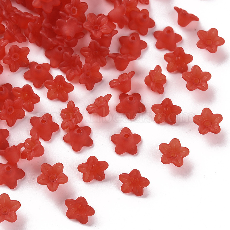 10mm 赤 アクリル ビーズ (PL554-01)-透明なアクリルビーズ, 花, 艶消し, レッド, 10x5mm, 穴：1mm, 約