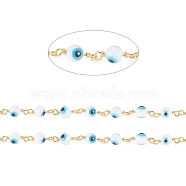 3.28 Feet Handmade Evil Eye Lampwork Round Beaded Chains, with Brass Findings, Unwelded, Long-Lasting Plated, Golden, Light Blue, 15x3x6x1.8mm, Beads: 6mm(X-CHC-G009-B-G03)