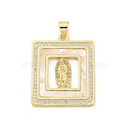 Rack Plated Brass Pendant, Cubic Zirconia and Synthetic Shell, Lead Free & Cadmium Free, Long-Lasting Plated, Real 18K Gold Plated, Square, 27.5x22.5x2mm, Hole: 4.5x3.5mm(KK-P270-05B-G)