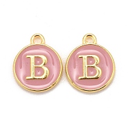 Golden Plated Alloy Enamel Charms, Cadmium Free & Lead Free, Enamelled Sequins, Flat Round with Letter, Pink, Letter.B, 14x12x2mm, Hole: 1.5mm(X-ENAM-S118-07B)