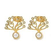 Ion Plating(IP) 304 Stainless Steel & Rhinestone & ABS Plastic Pearl Stud Earrings, Polished, Tree of Life, Golden, 16x15mm(EJEW-G400-05G)