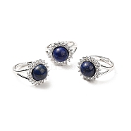 Natural Lapis Lazuli Adjustable Rings, Platinum Tone Flower Brass Rhinestone Rings for Women, Cadmium Free & Lead Free, US Size 8(18.1mm), 2.5~8mm(RJEW-P043-02P-20)