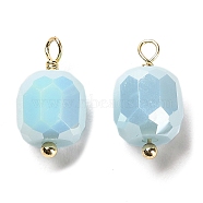 Glass Charms, with Rack Plating Real 18K Gold Plated Brass Loops, Faceted Column, Sky Blue, 14.5x7.5mm, Hole: 1.4mm(KK-M266-04G-04)
