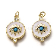 Brass Micro Pave Clear & Deep Sky Blue Cubic Zirconia Pendants, Long-Lasting Plated, with Jump Rings & White Enamel, Flat Round with Eye, Real 18K Gold Plated, 20x13x2.1mm, Hole: 2.5mm(ZIRC-B0003-29G)
