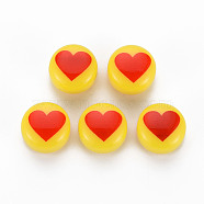 Opaque Acrylic Beads, Flat Round with Heart, Yellow, 12x8mm, Hole: 1.8mm(MACR-T035-012)
