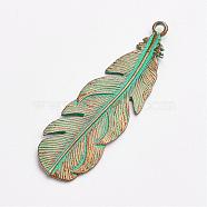 Tibetan Style Alloy Pendants, Feather, Antique Bronze & Green Patina, 57x18x1.5mm, Hole: 2.5mm(PALLOY-F187-43ABG)