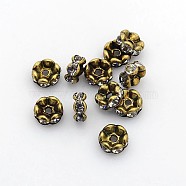 Brass Rhinestone Spacer Beads, Grade AAA, Wavy Edge, Nickel Free, Antique Bronze, Rondelle, Crystal, 8x3.8mm, Hole: 1.5mm(X-RB-A014-L8mm-01AB-NF)