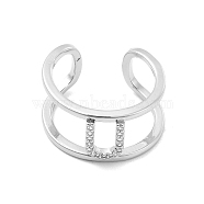 Clear Cubic Zirconia Initial Letter Open Cuff Ring, Platinum Brass Double Line Ring for Women, Lead Free & Cadmium Free, Letter.U, US Size 6(16.5mm)(RJEW-A012-01P-U)