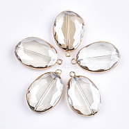 Glass Pendants, with Iron Findings, Faceted, Oval, Golden, WhiteSmoke, 40x25.5x10mm, Hole: 2.5mm(GLAA-S130-12)