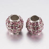 Alloy Rhinestone European Beads, Large Hole Beads, Rondelle, Platinum, Pink, 10.5x9.5mm, Hole: 5mm(PALLOY-F200-03H)