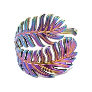 Ion Plating(IP) 304 Stainless Steel Leaf Open Cuff Ring for Women, Rainbow Color, US Size 7 1/4(17.5mm)(RJEW-M149-23RC)