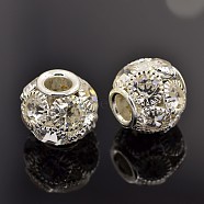 Brass Grade A Rhinestone European Beads, Rondelle, Silver Color Plated, 14x12mm, Hole: 5mm(X-CPDL-M002-01S)