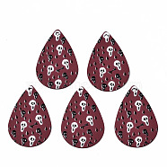 Spray Painted Iron Pendants, Rubberized Style, 3D Printed,  Halloween Skull Print Pattern, Teardrop, Indian Red, 27.5x18x0.5mm, Hole: 1.2mm(IFIN-T016-71)