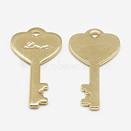 Brass Pendants, Key with Word Word, Real 18K Gold Plated, 22x12x1mm, Hole: 1mm(X-KK-N200-089)