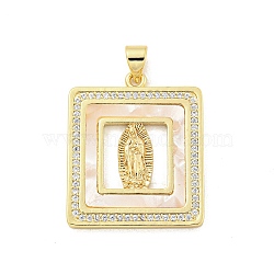 Rack Plated Brass Pendant, Cubic Zirconia and Synthetic Shell, Lead Free & Cadmium Free, Long-Lasting Plated, Real 18K Gold Plated, Square, 27.5x22.5x2mm, Hole: 4.5x3.5mm(KK-P270-05B-G)