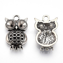 Tibetan Style Alloy Pendant Rhinestone Settings, Cadmium Free & Lead Free, Owl, Antique Silver, Fit for 1mm and 4mm Rhinestone, 20x12.5x3.5mm, Hole: 2.2mm(PALLOY-T075-182AS)