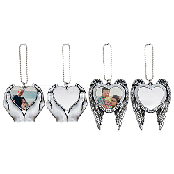 4 Sets 2 Style Zinc Alloy Heat Transfer Sublimation Blank Pendant Decorations, Hands/Angel Wings Holding Love Heart Car Keychain Ornament, Platinum, 130~150mm, Pendant: 60~83x62~65x3~4mm, Heart: 36~37x39~42x0.5mm, 2 sets/style(AJEW-FH0003-32)