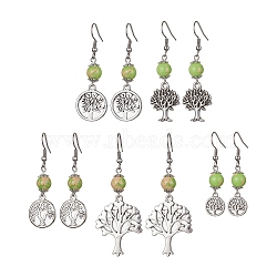 Alloy Tree of Life & Synthetic Imperial Jasper Beads Dangle Earrings, with 304 Stainless Steel Earring Pins, Antique Silver, 44~64x10.5~25mm(EJEW-JE05405)