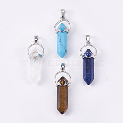Natural & Synthetic Mixed Stone Double Terminated Pointed Pendants, with Brass Findings, Bullet, Platinum, 38.5~40.5x14.5x13mm, Hole: 4x8mm(G-P373-B)